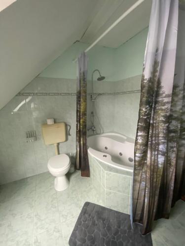 a bathroom with a toilet and a bath tub at Ada Vendégház in Öskü