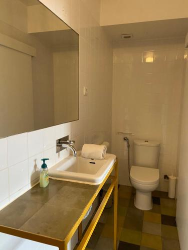 La salle de bains est pourvue d'un lavabo et de toilettes. dans l'établissement Amazigh Hostel & Suites, à Aljezur