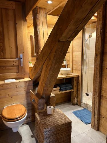 La salle de bains en bois est pourvue de toilettes et d'une douche. dans l'établissement Nid douillet au cœur de Megeve, à Megève