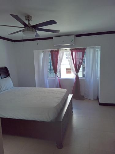 a bedroom with a bed and a ceiling fan at Sovereign Suite in Kingston