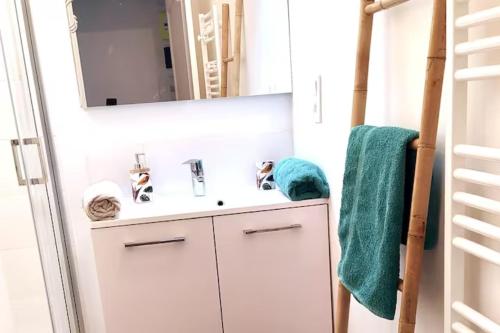 W łazience znajduje się umywalka i lustro. w obiekcie Gite de la rivière avec patio et parking centre ville w mieście Le Mans