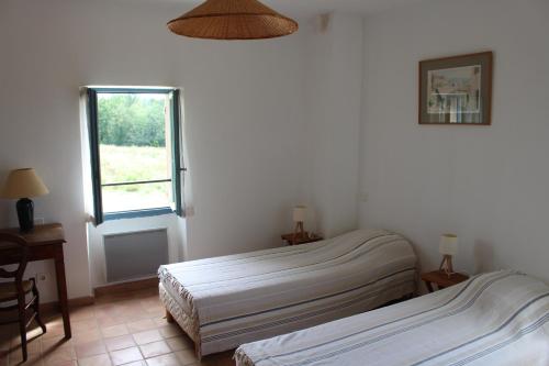 a bedroom with two beds and a window at Les Vendangeurs, gîte au milieu des vignes face au Luberon in Goult