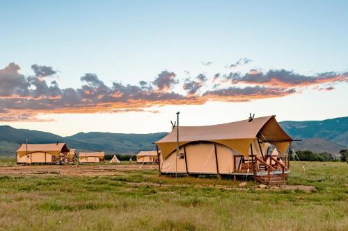 a group of tents in a field with a sunset at Under Canvas North Yellowstone - Paradise Valley in Livingston