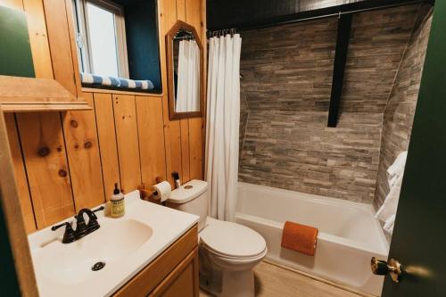 uma casa de banho com um WC, uma banheira e um lavatório. em Retro A-Frame Cabin - Firepit & Fireplace em Skykomish
