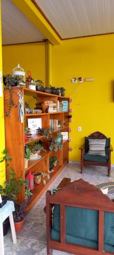 una habitación con una pared amarilla y estanterías con plantas en Casa da Vila - Hospedaria - 3 min do centrinho de Alter, en Alter do Chao