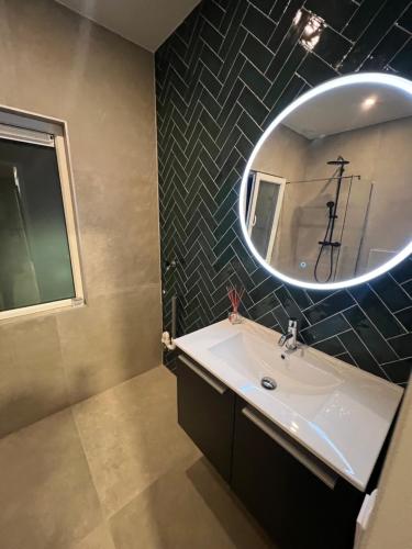 a bathroom with a sink and a mirror at Centrum Hilversum appartement in Hilversum