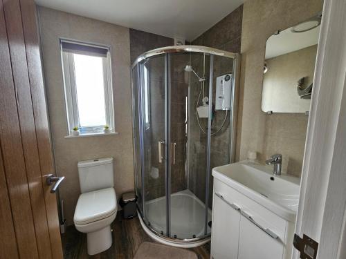 a bathroom with a shower and a toilet and a sink at Beautiful & Stunning 1-Bed Chalet in Bridlington in Bridlington