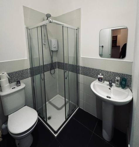 a bathroom with a shower and a toilet and a sink at 5 STAR LUXURY STUDIO APARTMENT, BIG SMART TV, WiFI, LIVERPOOL CITY CENTRE, EASY ACCESS LOCK BOX ENTRY! in Liverpool