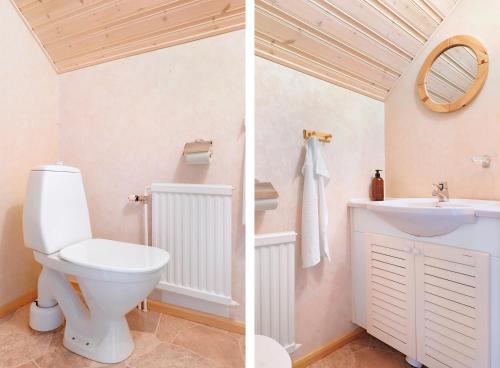 Duas fotografias de uma casa de banho com WC e lavatório. em Guestly Homes - 5BR Corporate House em Boden