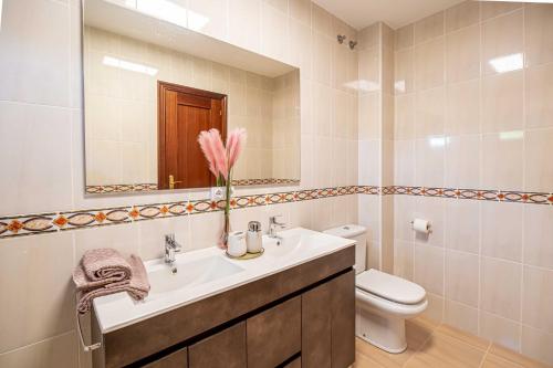 a bathroom with a sink and a toilet and a mirror at Wasi Compostela in Santiago de Compostela