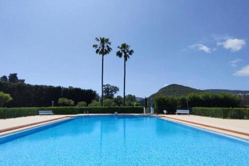 ein großer Pool mit Palmen im Hintergrund in der Unterkunft Ginkgo Studio - piscine, proche de la mer, Golf, WIFI in Mandelieu-la-Napoule