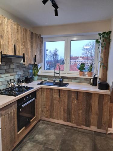 a kitchen with wooden cabinets and a sink and two windows at Apartament Natura in Lidzbark Warmiński