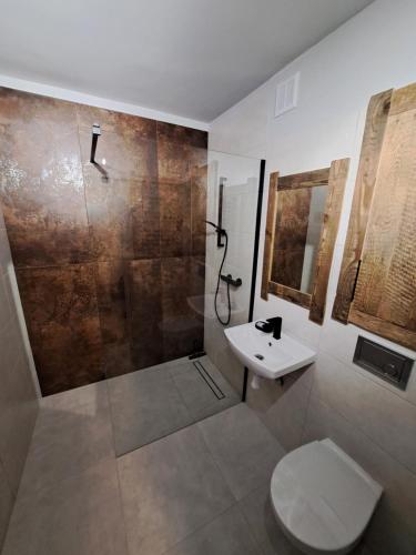y baño con ducha, aseo y lavamanos. en Apartament Natura, en Lidzbark Warmiński