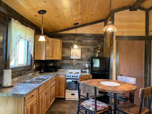 a kitchen with wooden cabinets and a table with a sink at Lily Pad Cabin 