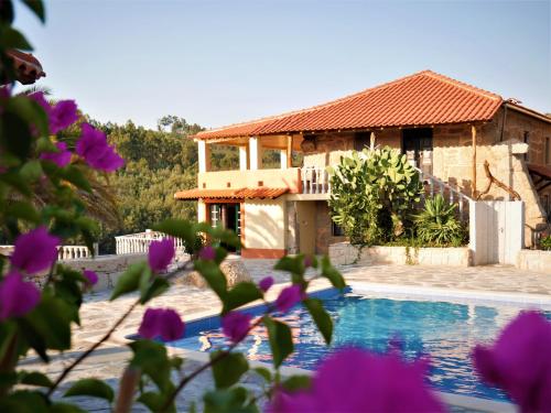 une maison avec une piscine et des fleurs violettes dans l'établissement Encontro no Rio, à Póvoa de Midões
