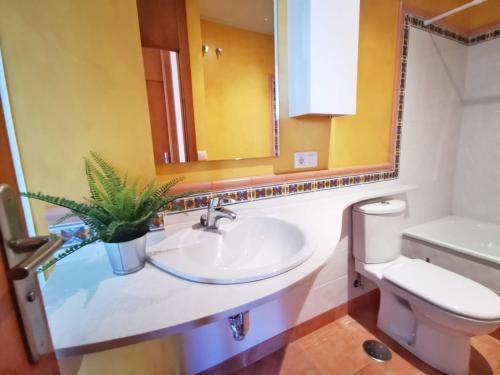 uma casa de banho com um lavatório, um WC e um espelho. em Exclusivo atico en Salvaterra em Salvatierra de Miño
