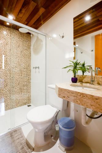 a bathroom with a toilet and a sink and a shower at Chalés Terra dos Sonhos - Monte Verde in Monte Verde