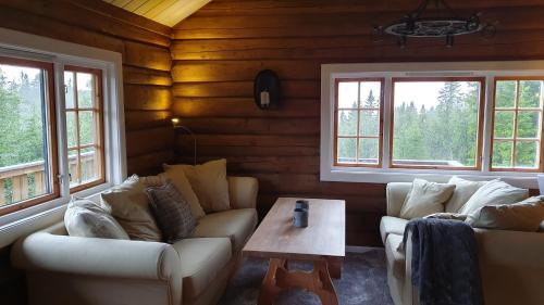 Sala de estar con 2 sofás y mesa de centro en Cozy log cabin at beautiful Nystølsfjellet, en Gol