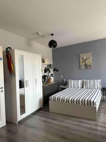 a bedroom with a large bed and a mirror at Lovely Studio in Dublin City Centre in Dublin