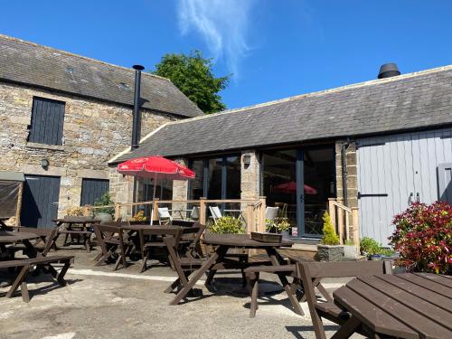 un grupo de mesas de picnic frente a un edificio en The Star Inn - Harbottle - Near Rothbury - Northumberland, en Morpeth