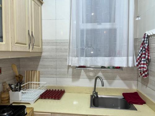 a kitchen counter with a sink and a window at Cozy Haven furnished apartments in Kampala