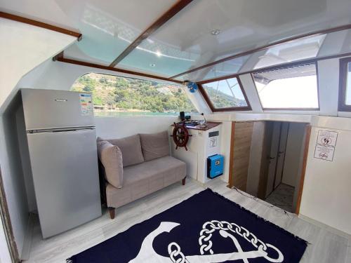a view of the living room of a boat at göcek yat in Fethiye