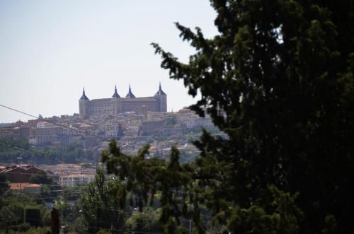 a view of a city with a castle on a hill at Sueña Toledo in Toledo