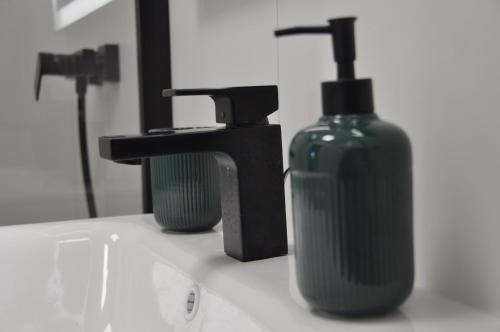 a bathroom sink with a soap bottle next to a faucet at morze i plaża in Łeba