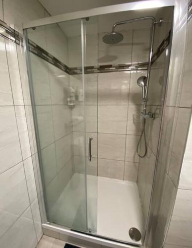 La salle de bains est pourvue d'une douche avec une porte en verre. dans l'établissement Cosy and central Abbey Street Apt, à Dublin