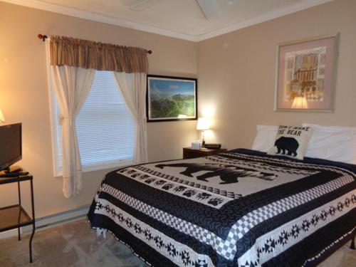 Un dormitorio con una cama con dos gatos. en Southcrest Overlook by VCI Real Estate Services, en Beech Mountain
