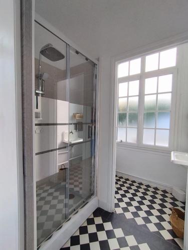 La salle de bains est pourvue d'une douche en verre avec un sol en damier. dans l'établissement Domaine de Beaucamp, à Châtelraould-Saint-Louvent