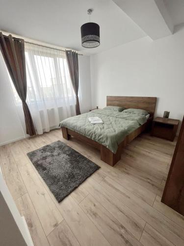- une chambre avec un lit et un tapis dans l'établissement NS apartment 2, à Cluj-Napoca