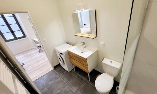 a bathroom with a toilet and a sink and a mirror at Appartement Cœur de ville in Jonzac