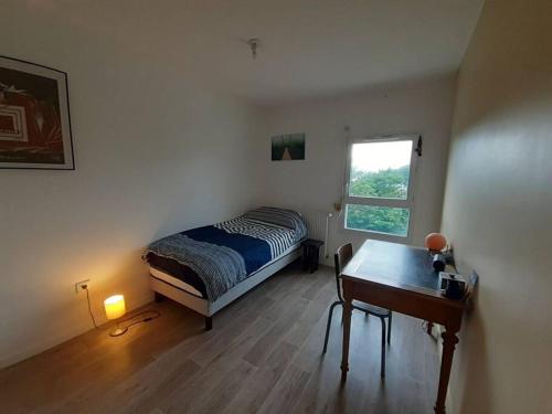 Schlafzimmer mit einem Bett, einem Schreibtisch und einem Fenster in der Unterkunft Appartement à 15 min de l'océan in Bayonne