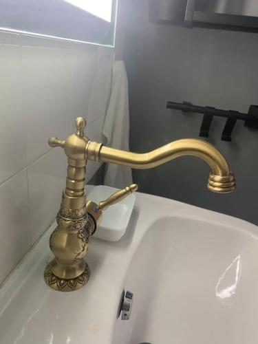 - un robinet en or placé sur un lavabo dans la salle de bains dans l'établissement Logement entier 6 pers à 500m de la plage, à Sète