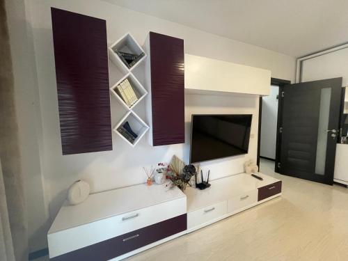 ein Wohnzimmer mit einem TV an der Wand in der Unterkunft Dem ‘LuxuryApartmens in Râmnicu Vâlcea