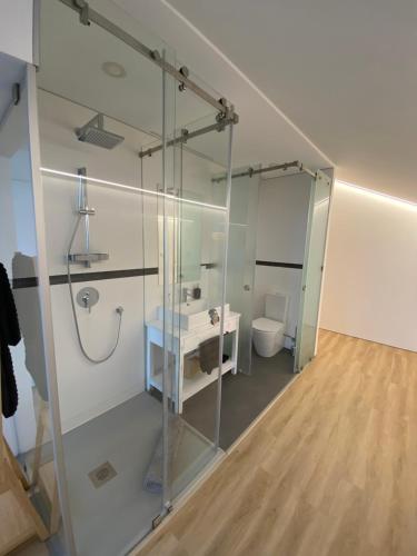 uma casa de banho com uma cabina de duche em vidro e um WC. em Casa das 7 Lombas em Povoação
