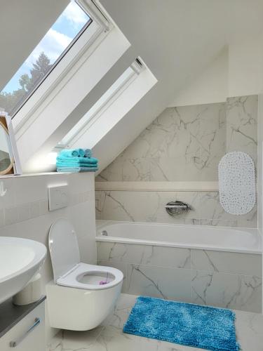 ein Badezimmer mit einem WC, einem Waschbecken und einem Dachfenster in der Unterkunft Ferienhaus La Farfalla in Munster im Heidekreis