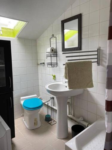 uma casa de banho branca com um lavatório e um WC em Penthouse by Roland-Garros em Boulogne-Billancourt