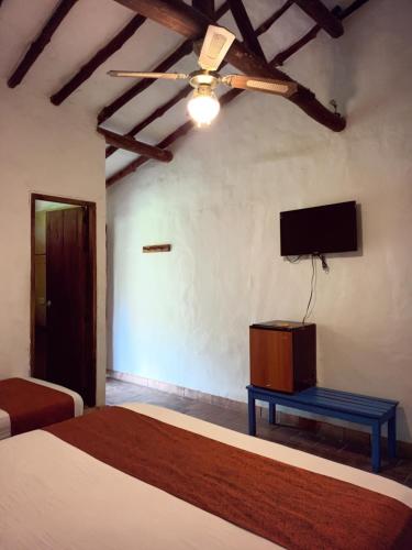 a bedroom with a bed and a tv on the wall at Casona CHARA in Barichara