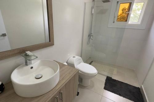 een badkamer met een wastafel, een toilet en een spiegel bij Estrella Residences - Two Bedroom in Cabarete