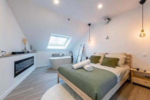 een slaapkamer met een bed, een tv en een bad bij Le Cocon Brestois - Centre ville in Brest