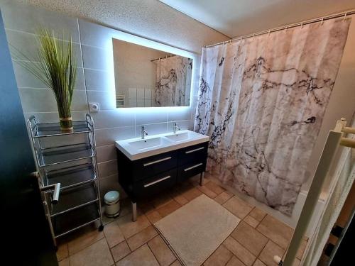 un baño con lavabo y espejo en Domaine des oiseaux, en Sapois