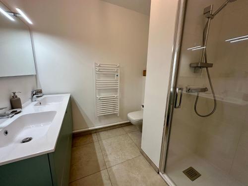 een badkamer met een wastafel en een douche bij La Belle Envolée in Wissant