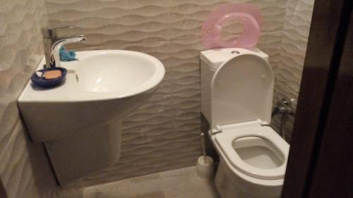 een badkamer met een wastafel en een toilet met een roze deksel bij Appartement 05 in Temara