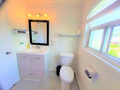 uma casa de banho com um WC, um lavatório e um espelho. em Cozy and quiet house with private swimming pool em Toronto