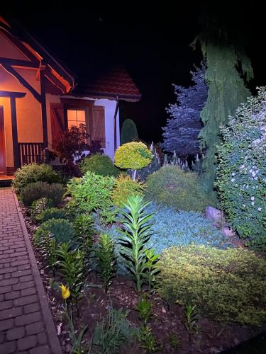 a garden with flowers and plants in front of a house at Ignacówka in Kobyla Góra