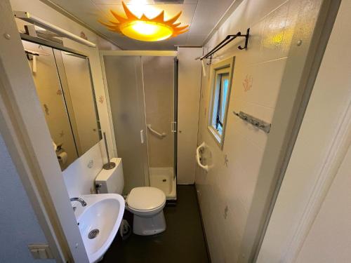 a small bathroom with a toilet and a sink at Quaint Chalet in Uden with Terrace in Uden