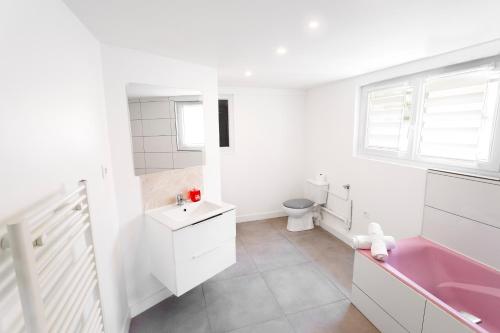 a white bathroom with a sink and a toilet at Suite 1 &2 Joubert de Lily in Villiers-sur-Marne