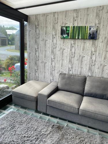 a couch in a living room with a wooden wall at Le doux refuge in Bouillon